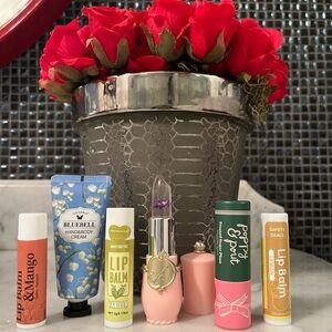 Natural lip balms and color changing jelly lipstick set and hand cream.